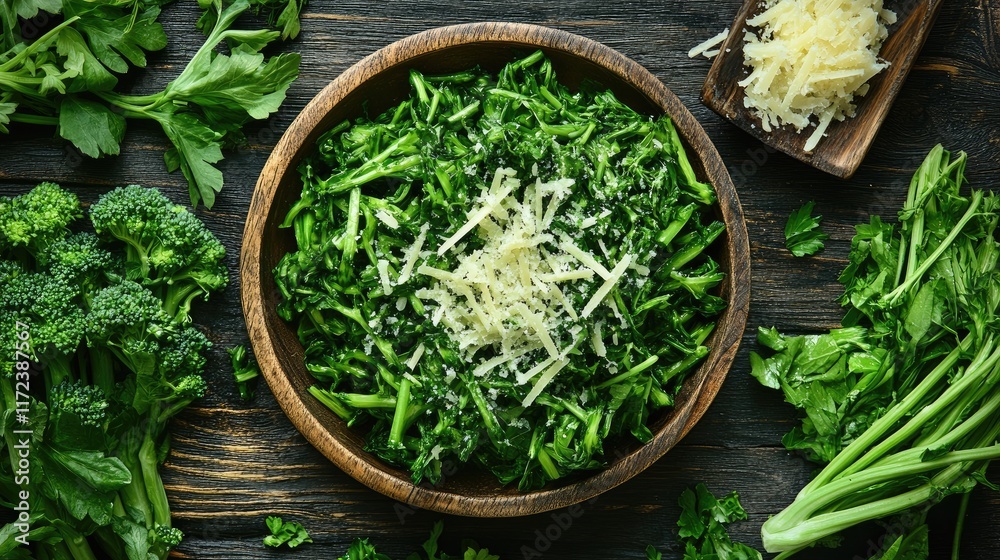 Poster Overhead view of fresh green vegetables topped with grated parmesan cheese on a rustic wooden table with additional herbs scattered around