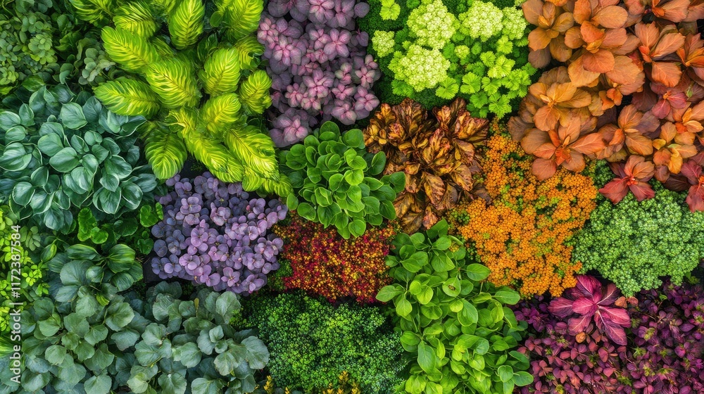 Aufkleber vibrant overhead view of diverse colorful plants in varying textures and shades for nature and garde