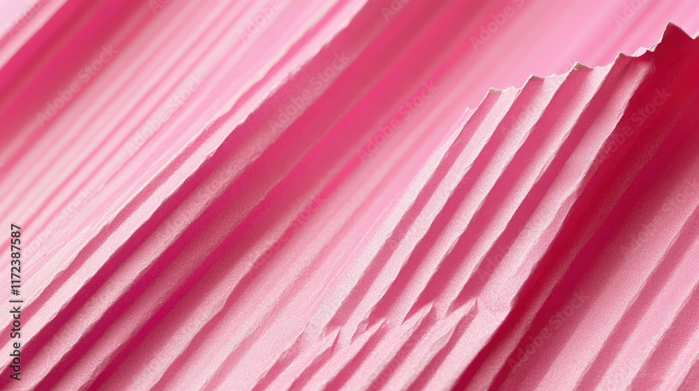 Poster Textured pink corrugated cardboard sheet background with layered ridges and gentle folds for creative design and crafting projects.