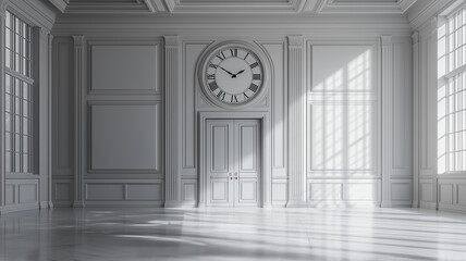 Fototapeta premium Grand Classic Interior: Sunlit elegance in a pristine white room with large windows, ornate moldings, and a grand clock. Perfect for design, architecture, and luxury concepts. 
