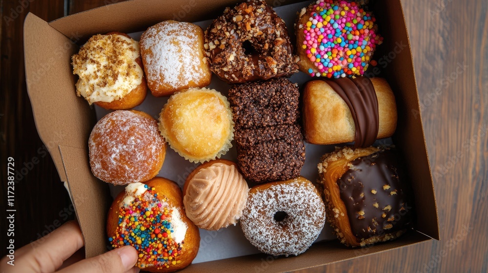 Poster assorted delicious pastries and desserts presented in a rustic cardboard box viewed from above
