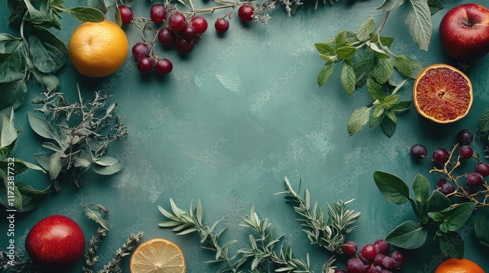 Aufkleber overhead arrangement of fresh herbs and assorted fruits on a textured green background for culinary 