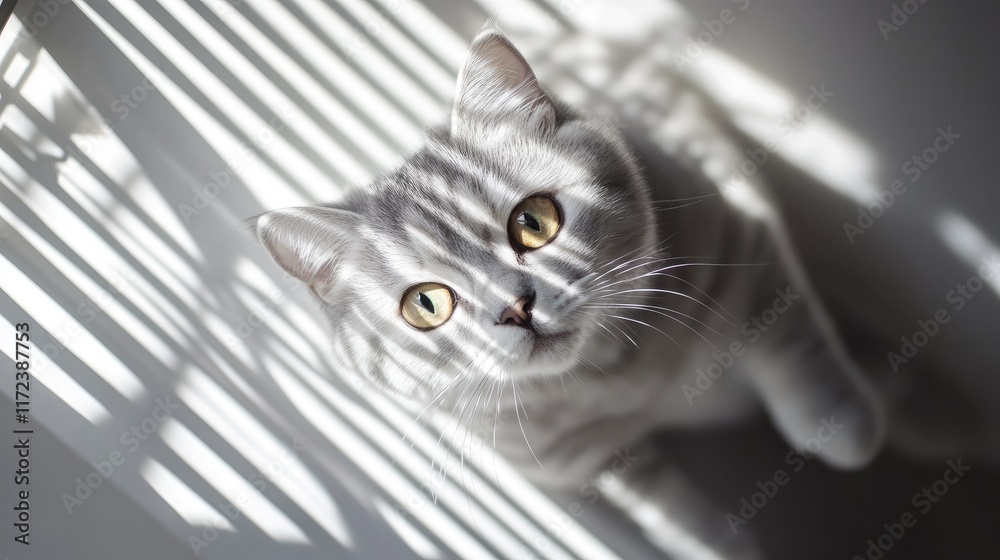 Poster Silver and white cat relaxing under window blinds with sunlight creating striking shadow patterns on its fur