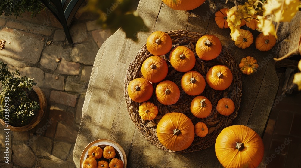 Aufkleber Overhead view of assorted pumpkins arranged on rustic wooden table with autumn foliage creating a warm seasonal ambiance