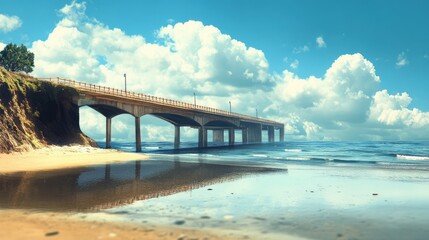 Scenic coastal view of a bridge extending over calm waters with sandy beach and vibrant clouds in the background.