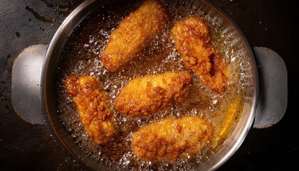 Fototapeta premium top view of chicken tenders frying in bubbling oil with a golden brown crispy crust forming 