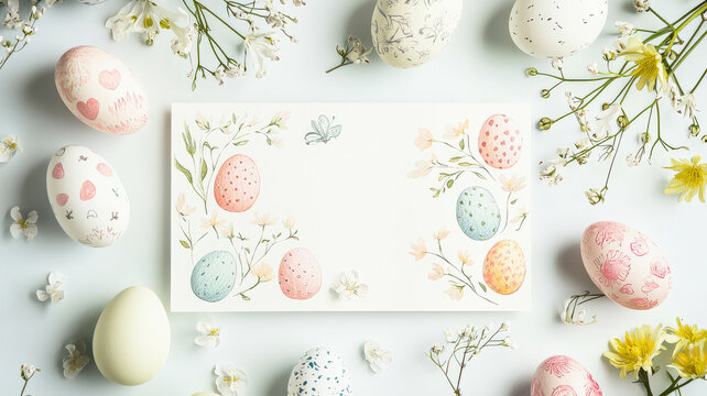 A light and airy Easter greeting card featuring a customizable space for personal wishes, surrounded by charming illustrations of Easter eggs and adorable bunnies.