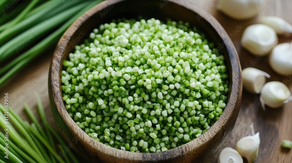 Poster overhead view of fresh green millet salad with herbs and vinaigrette in a wooden bowl on a rustic ta