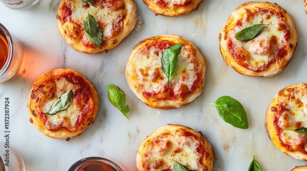 Poster overhead view of delicious homemade mini pizzas with fresh basil and drinks on a marble surface perf