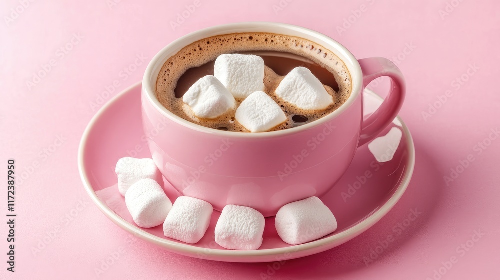 Poster pink coffee cup with marshmallows in bowl on soft pink background creating a cozy and inviting atmos