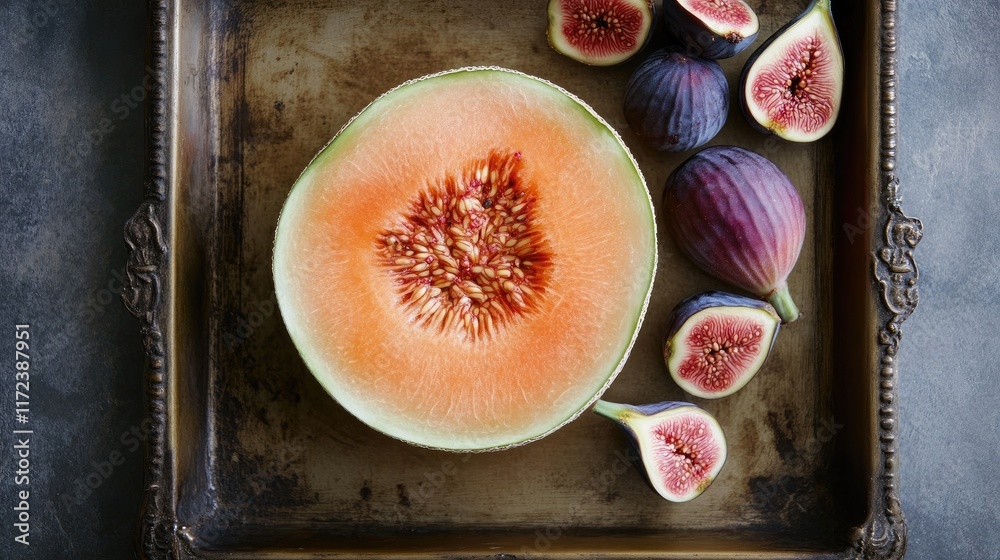 Aufkleber Overhead view of a fresh cantaloupe half alongside figs on a vintage tray creating an elegant fruit display for culinary use.