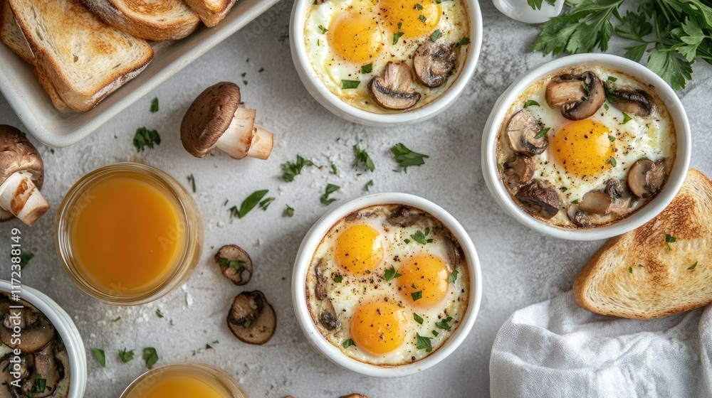 Poster Overhead view of baked eggs with mushrooms served in ramekins alongside toast and fresh juice on a textured background