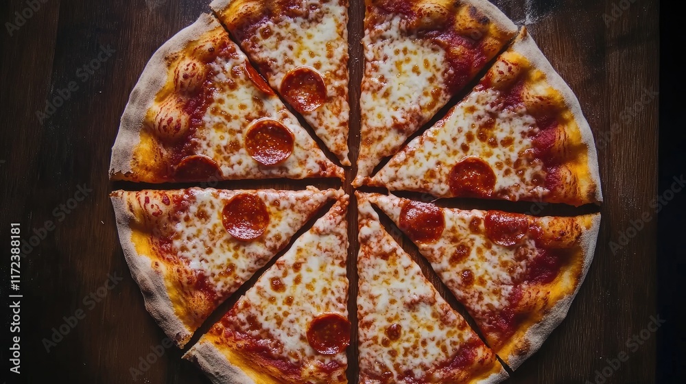 Poster overhead view of an appetizing pepperoni pizza sliced into eight portions on a rustic wooden surface