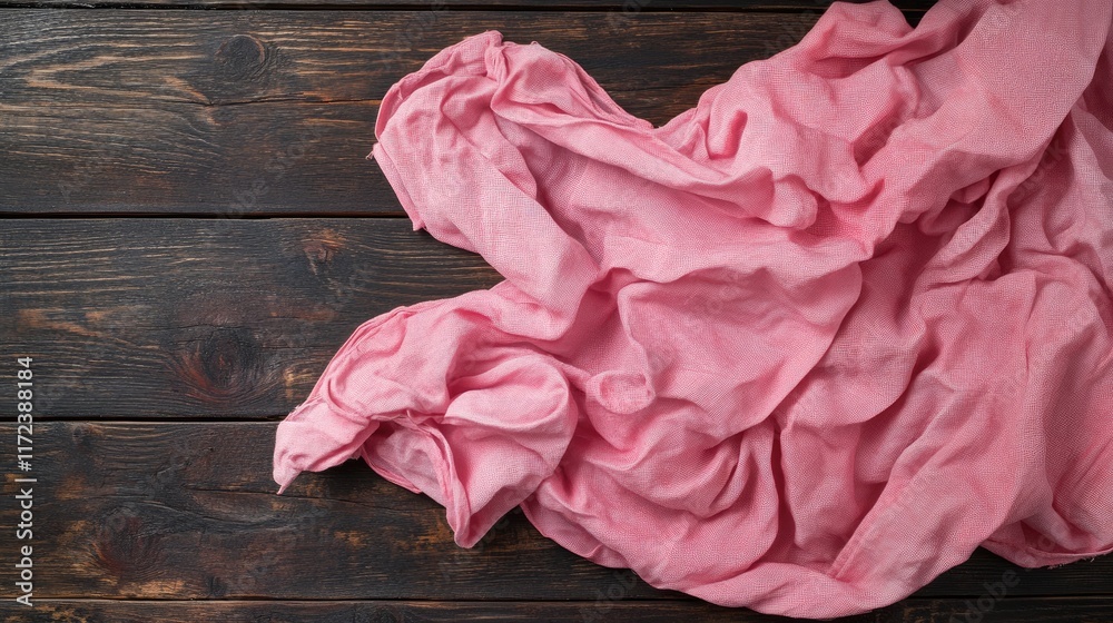 Poster crumpled pink cotton fabric on a rustic dark brown wooden surface creating a soft and gentle textile