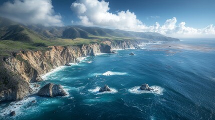 A breathtaking coastal landscape featuring rugged cliffs, vibrant blue waters, and dramatic clouds under a clear sky.