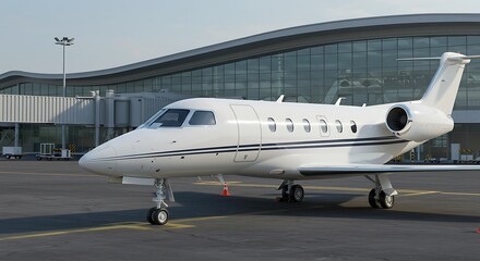 Obraz premium Business private jet airplane parked at terminal. Luxury tourism and business travel transportation concept. Closeup. 3d rendering 