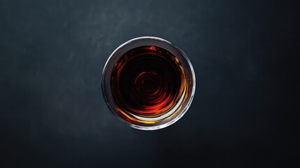 Overhead view of a rich dark cocktail in a glass against a textured dark background served for a sophisticated drink experience