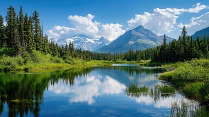 Serene Landscape of Lush Green Forest and Reflective Mountain Lake Under Clear Blue Sky