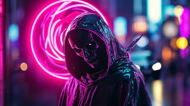 Multicolor neon reaper design: a unique blend of playful and mysterious visual elements
