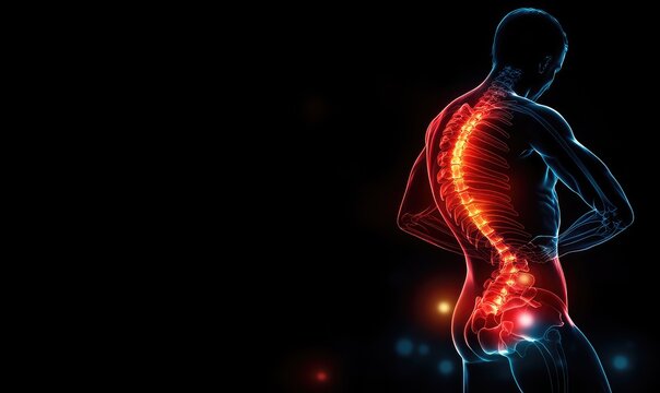 X-ray of the human body with highlighted back pain area, on black background. The spine is shown in red color to emphasize joint surrounding pain and lifestyle feeling in full growth of healthy person