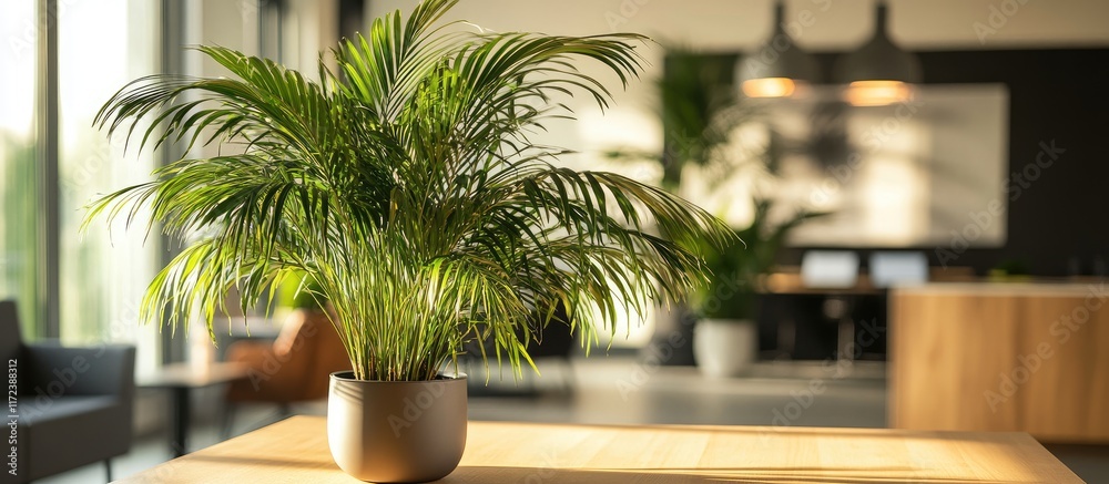Aufkleber Modern workspace with palm plants adding greenery and elegance for a calming and inviting atmosphere enhancing interior decor and design