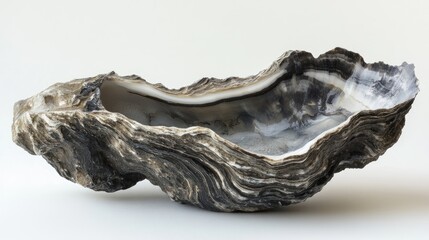 Natural oyster shell displayed on a plain white surface highlighting its unique textures and colors for seafood and nature themed projects.
