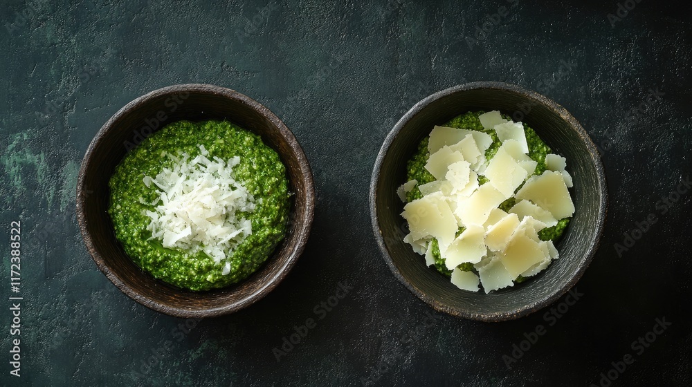 Poster overhead view of fresh pesto and shaved cheese in rustic bowls on a dark textured surface for culina
