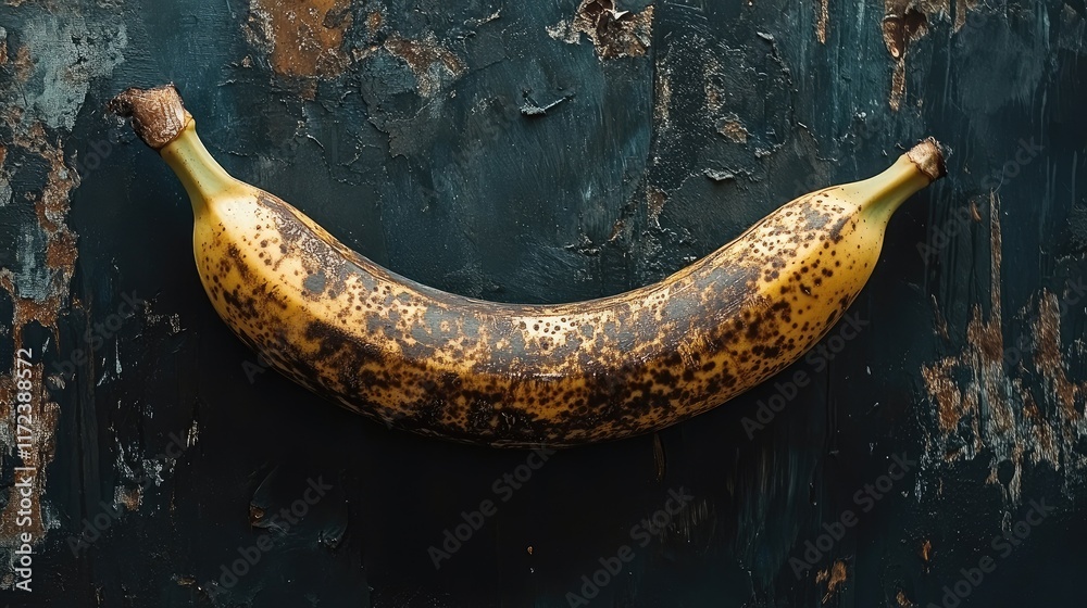 Poster Overripe banana on textured dark background showcasing unique coloration and surface details ideal for food and health concepts