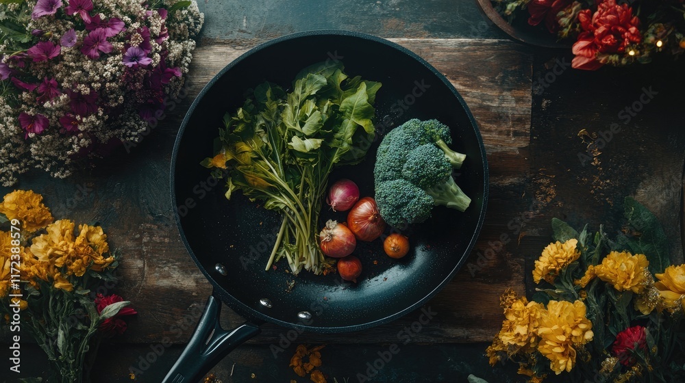 Poster overhead view of fresh vegetables in a black pan surrounded by colorful flowers on a rustic wooden s