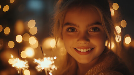 Sparkling Celebration: A young woman beams with joy and happiness, holding sparklers in the midst of a warm, inviting festive ambiance, capturing the essence of celebration and merriment. 