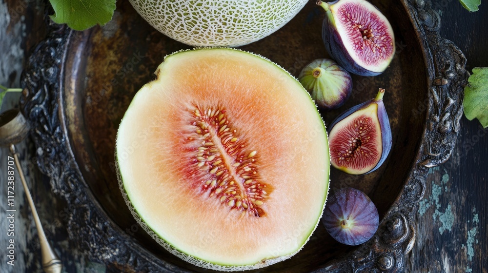 Poster overhead view of fresh sliced melon and figs on a decorative tray showcasing vibrant colors and text