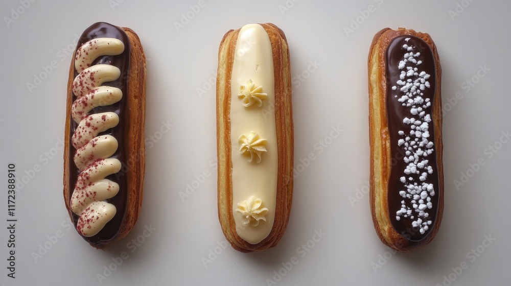 Poster Overhead view of three delicious eclairs with different toppings on a neutral background