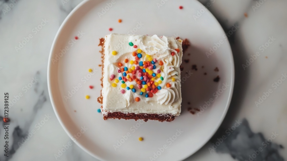 Poster overhead view of a delicious cake slice topped with colorful sprinkles and whipped cream on a plate 