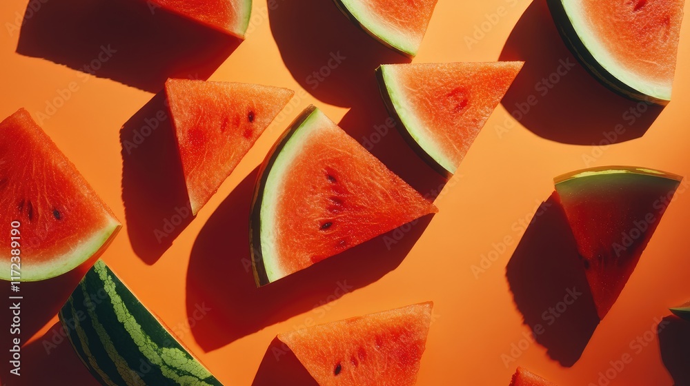 Poster overhead view of vibrant watermelon slices arranged on a bright orange background creating a fresh s