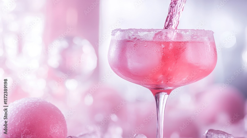 Poster refreshing pink cocktail elegantly poured over an ice ball in a vibrant setting with pink hues and s