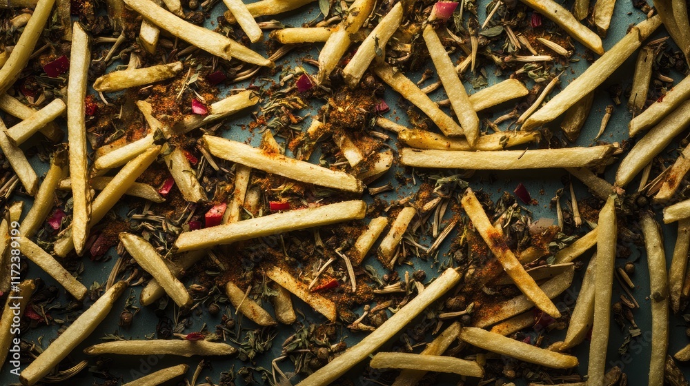 Poster overhead view of seasoned fried potatoes with a vibrant mix of spices and herbs on a rustic surface
