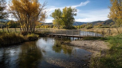 Obraz premium Autumn river scene with clear water sandy bottom wooden bridge and trees protected by metal netting on a grassy bank