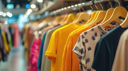 Fototapeta premium Colorful clothing hanging in a retail store showcasing diverse fashion styles for contemporary online shopping experiences