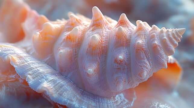 Close-up of a pink seashell with intricate texture and spiral shape.
