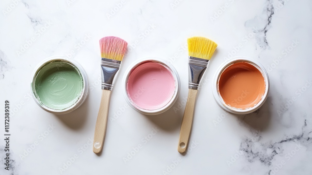 Poster overhead view of colorful paint pots and diy paint brushes on a marble surface for creative projects