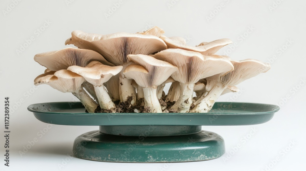 Poster fresh oyster mushrooms displayed on a green weighing scale tray against a white background showcasin