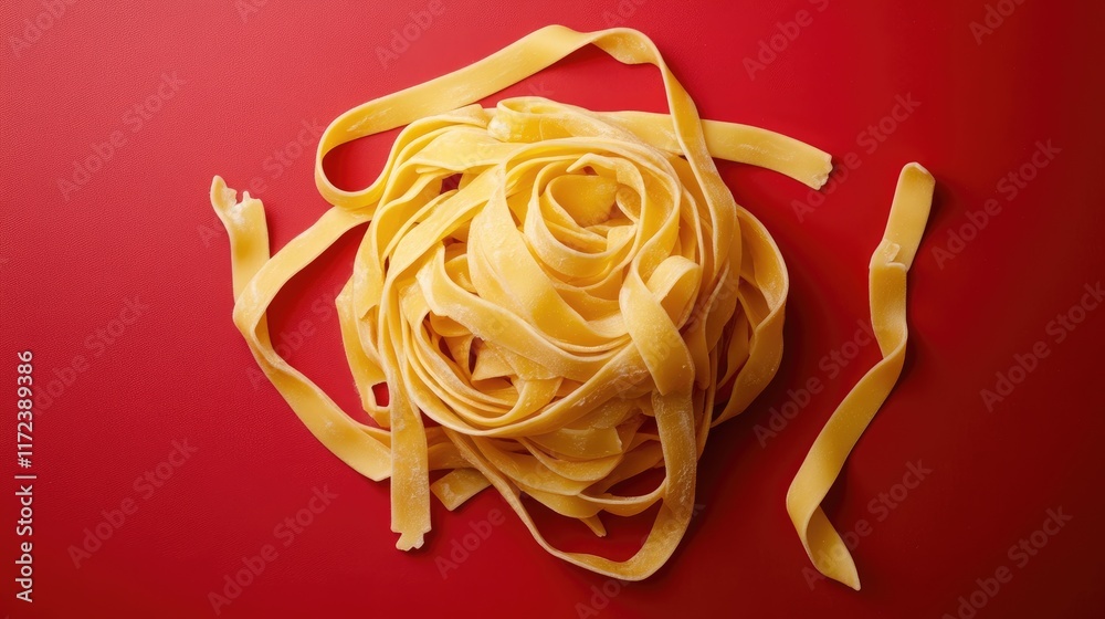 Poster overhead view of fettuccine pasta with a rich sauce on a vibrant red background showcasing culinary 