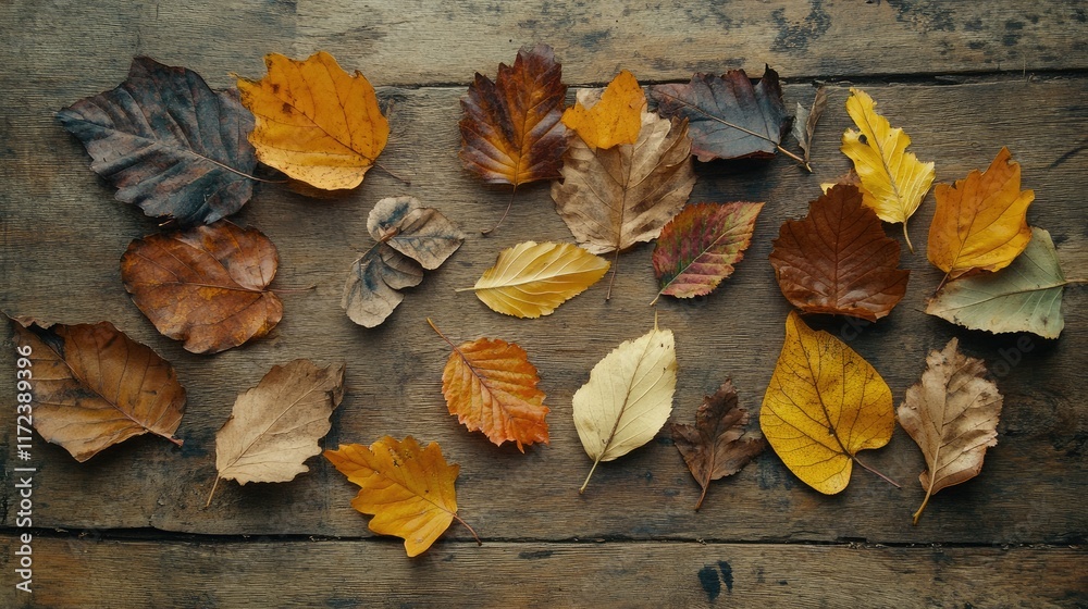 Poster autumn leaves arranged on rustic wooden table showcasing a vibrant seasonal palette in overhead view