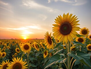 Obraz premium An expansive sunflower field stretches under a sunset sky, capturing the essence of summer's warmth and natural beauty.