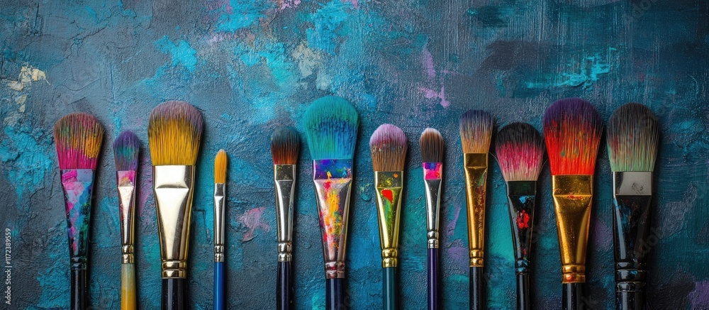 Poster colorful paintbrushes aligned with bright paint samples on a textured background ideal for art proje