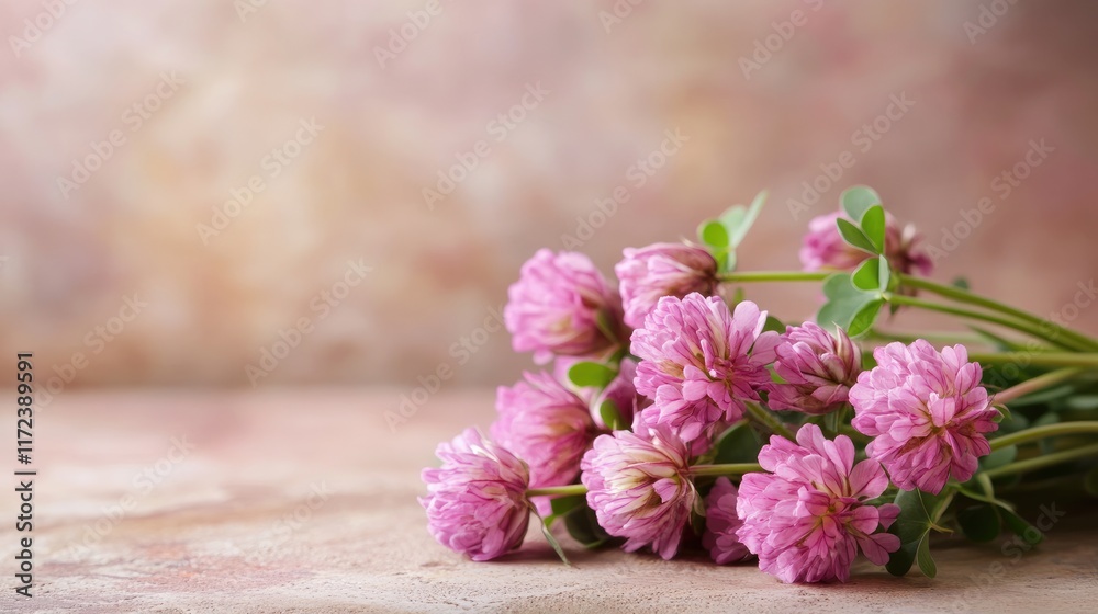Poster Pink Clover Flowers Elegantly Arranged on a Rustic Table with Soft Blurred Background for Natural Aesthetic Themes