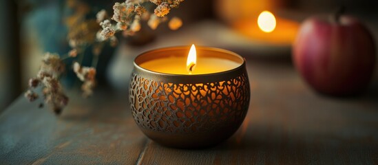 Elegant beeswax candle in decorative metal holder creating a serene atmosphere ideal for relaxation ceremonies and self-care moments