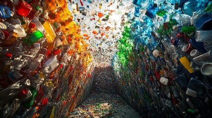 Fototapeta premium Colorful recycled plastic bottles form an artistic tunnel installation