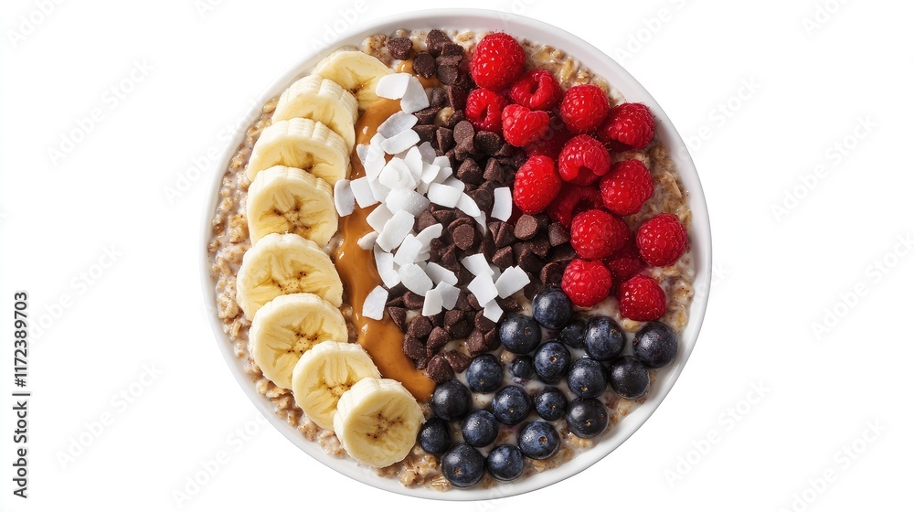 Poster overnight oatmeal bowl topped with banana berries coconut chips and peanut butter on a white backgro