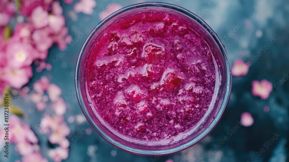 Poster overhead view of vibrant cold beet soup garnished with herbs and fresh ingredients in a glass bowl o